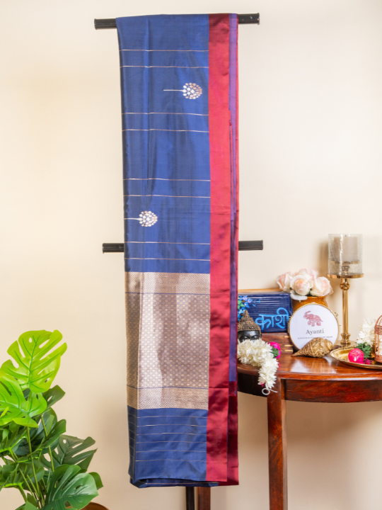 Midnight Blue Handwoven Pure Katan Silk Saree
