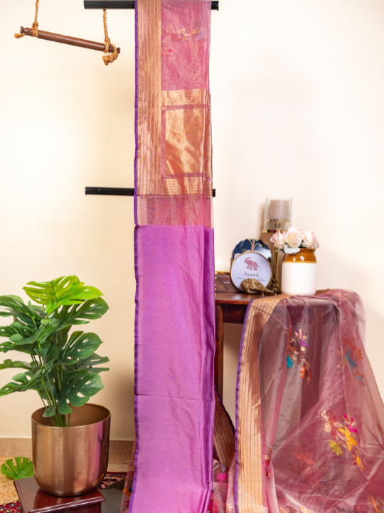 Pink-Lilac Handcrafted Katan Silk Tissue Saree