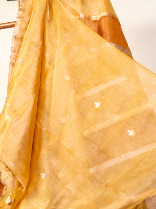 Antique Gold and Amber Tones Handcrafted Pure Silk Tissue Rangkaat Saree