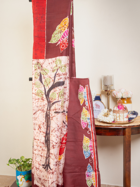 Maroon Pure Silk Batik Saree
