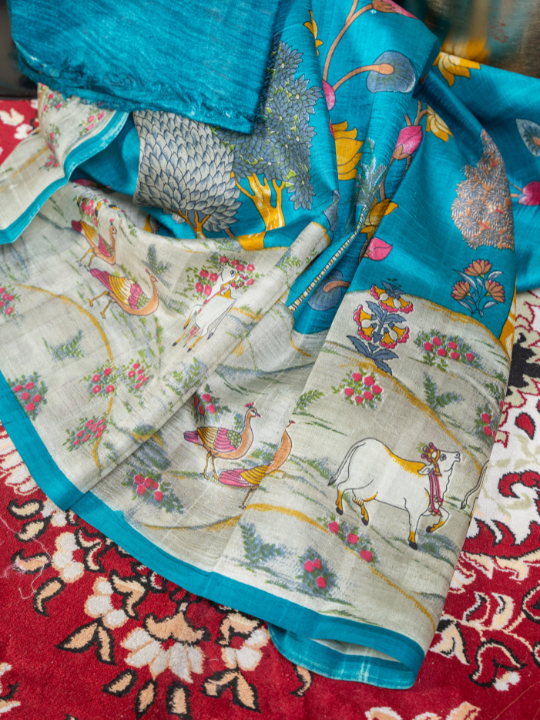 Teal Blue Pure Silk Saree