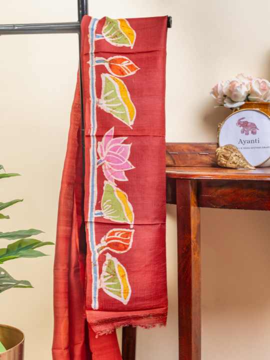 Brick Red Handcrafted Pure Silk Batik Saree