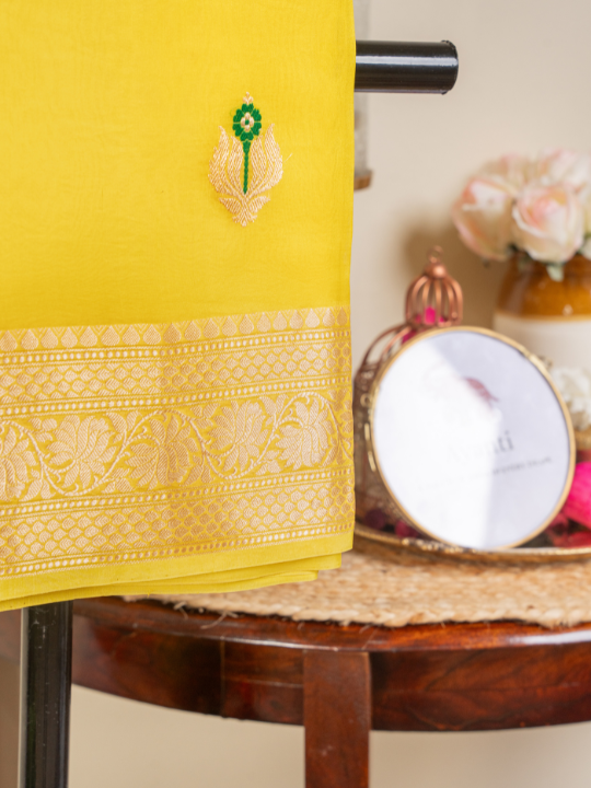Yellow Pure Silk Organza Saree