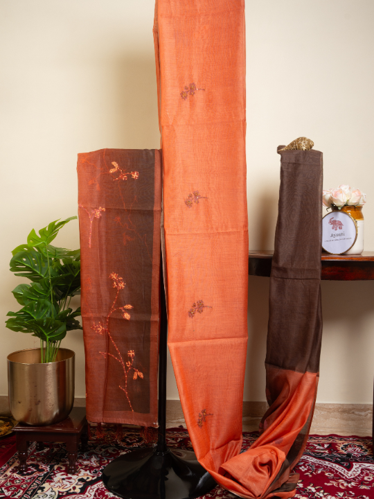 Orange and Brown Dual-Tone Soft Cotton Saree
