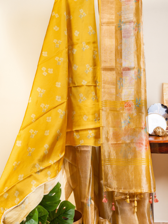 Mustard Yellow Handcrafted Pure Silk Tissue Saree