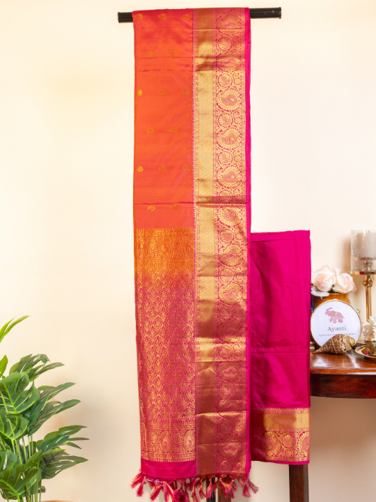 Dual-Tone Pink and Orange Handwoven Pure Katan Silk Benarasi