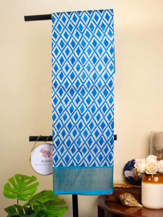 White and Azure Blue Handwoven Pure Silk Tussar Saree