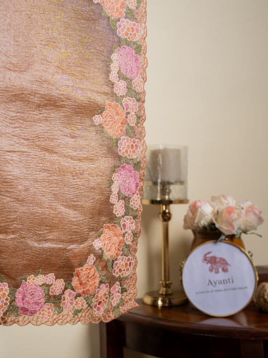 Peach Golden Soft Crush Tissue Saree