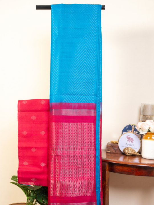 Blue and Rani Pink Handloom Pure Raw Silk Saree