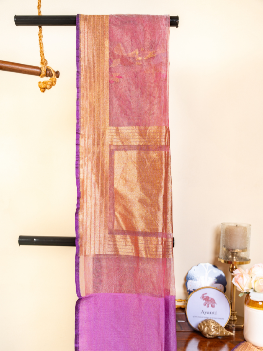 Pink-Lilac Handcrafted Katan Silk Tissue Saree