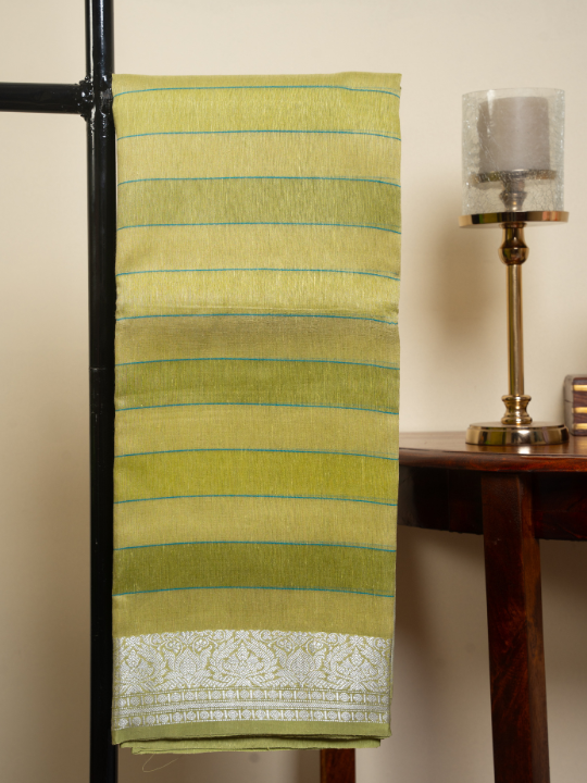 Pistachio Green Cotton Linen Hand Woven Banarasi Saree