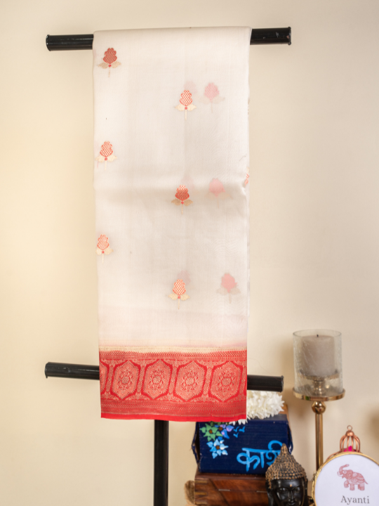 White and Red Shakti Pure Silk Organza Saree