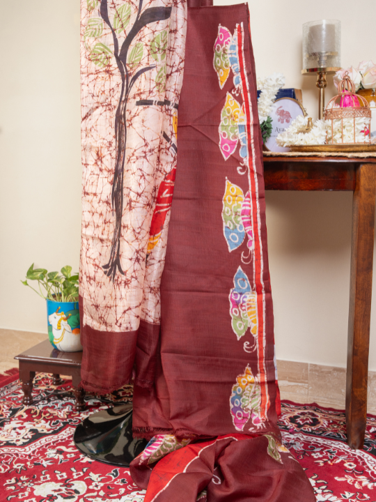Maroon Pure Silk Batik Saree