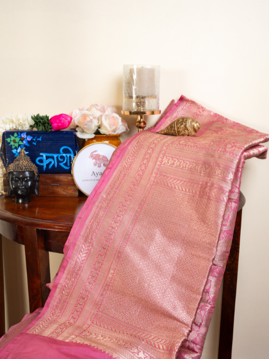 Rose Pink Pure Katan Shikargah Benarasi