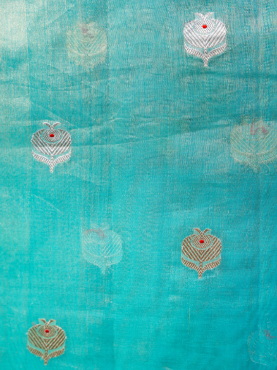 Aqua Blue Handcrafted Pure Silk Tissue Saree