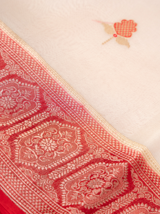 White and Red Shakti Pure Silk Organza Saree