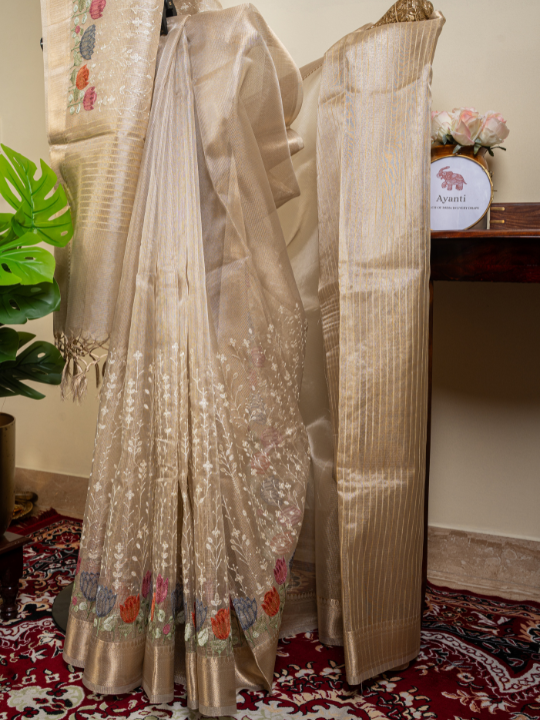 Beige Golden Kota Tissue Saree