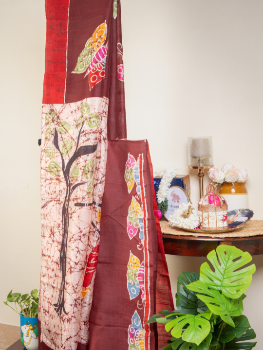 Maroon Pure Silk Batik Saree