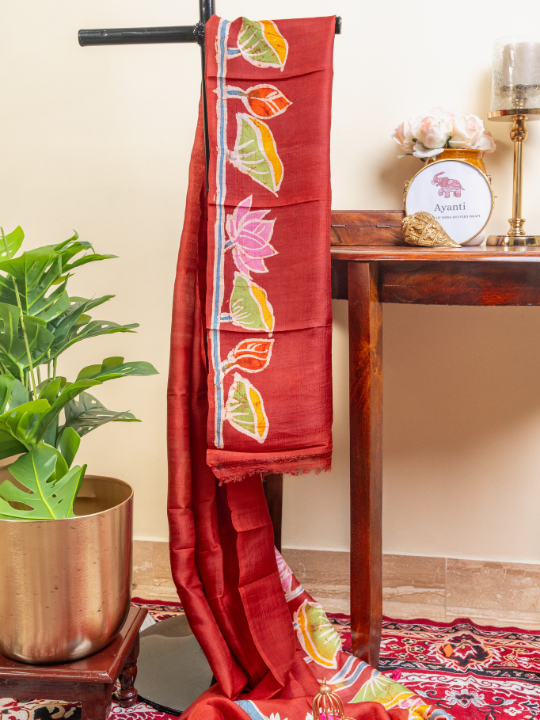 Brick Red Handcrafted Pure Silk Batik Saree