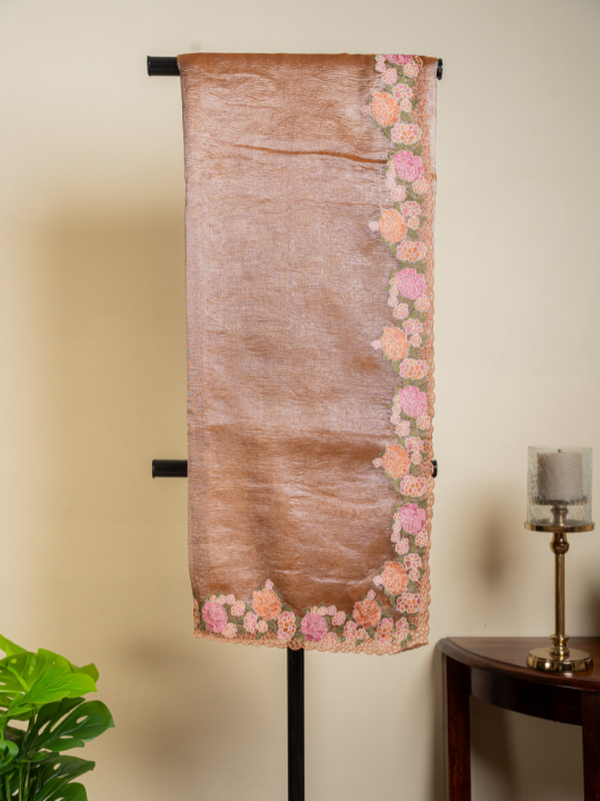Peach Golden Soft Crush Tissue Saree