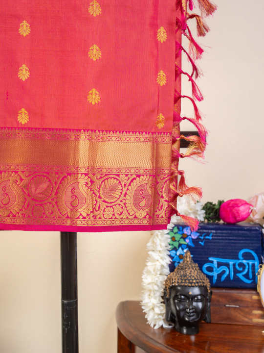 Dual-Tone Pink and Orange Handwoven Pure Katan Silk Benarasi
