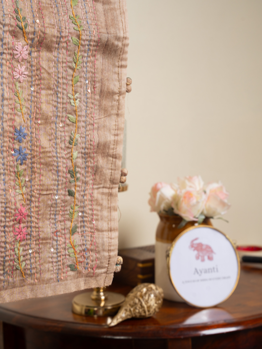 Beige Cotton Chanderi Saree