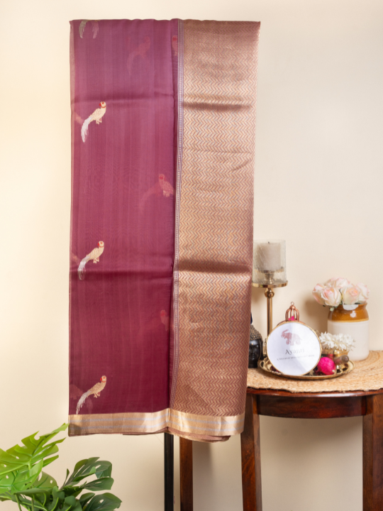 Wine-Rose Ombré Pure Silk Organza Saree