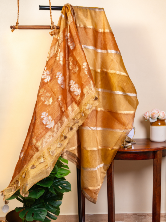 Antique Gold and Amber Tones Handcrafted Pure Silk Tissue Rangkaat Saree