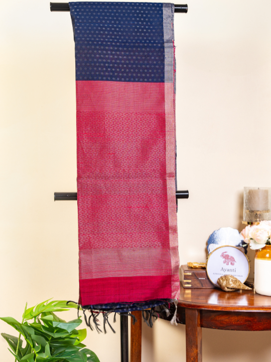 Navy and Magenta Handloom Pure Raw Silk Saree