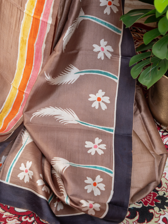 Taupe Brown Pure Silk Batik Saree