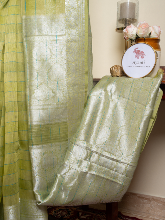 Pistachio Green Cotton Linen Hand Woven Banarasi Saree