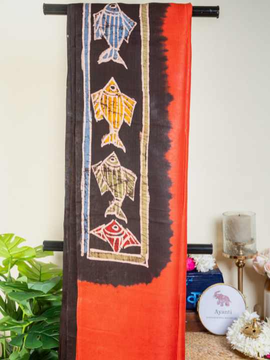 Brick Red Pure Silk Batik Saree