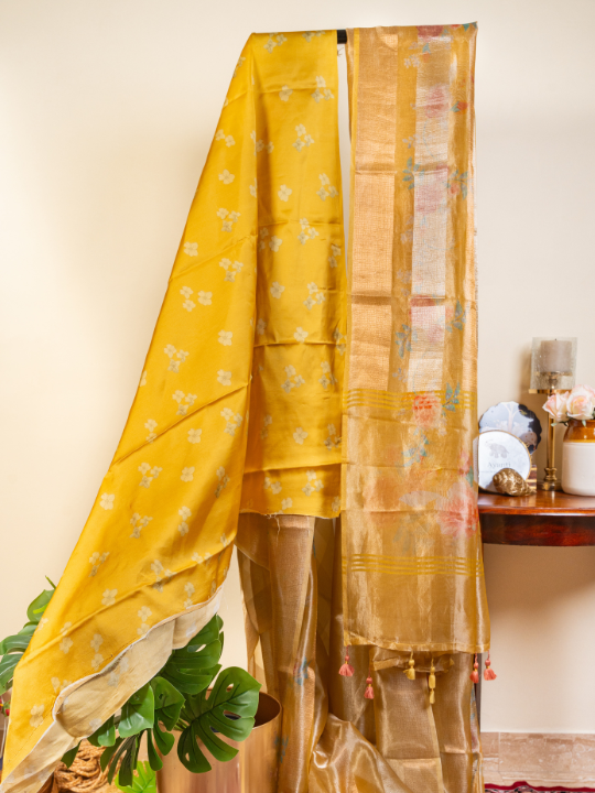 Mustard Yellow Handcrafted Pure Silk Tissue Saree
