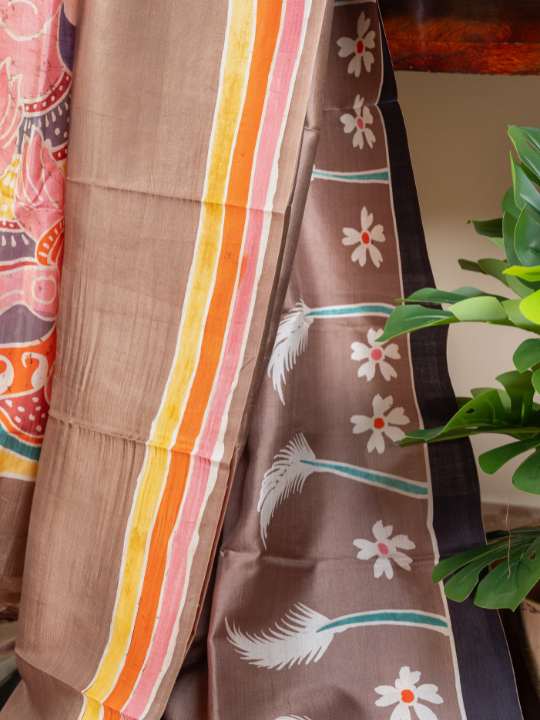 Taupe Brown Pure Silk Batik Saree