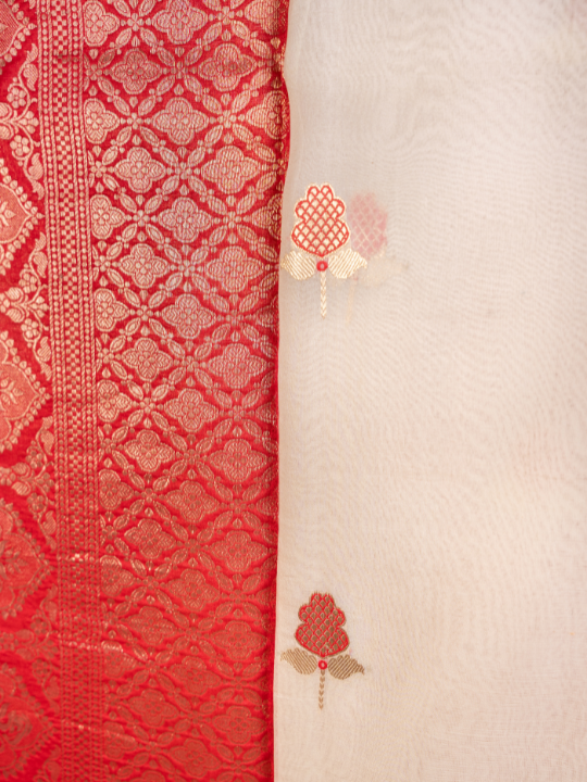 White and Red Shakti Pure Silk Organza Saree