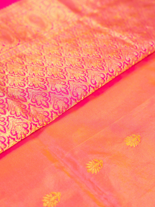 Dual-Tone Pink and Orange Handwoven Pure Katan Silk Benarasi