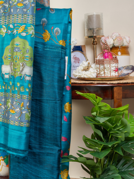 Teal Blue Pure Silk Saree