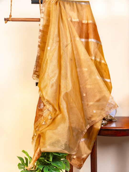 Antique Gold and Amber Tones Handcrafted Pure Silk Tissue Rangkaat Saree