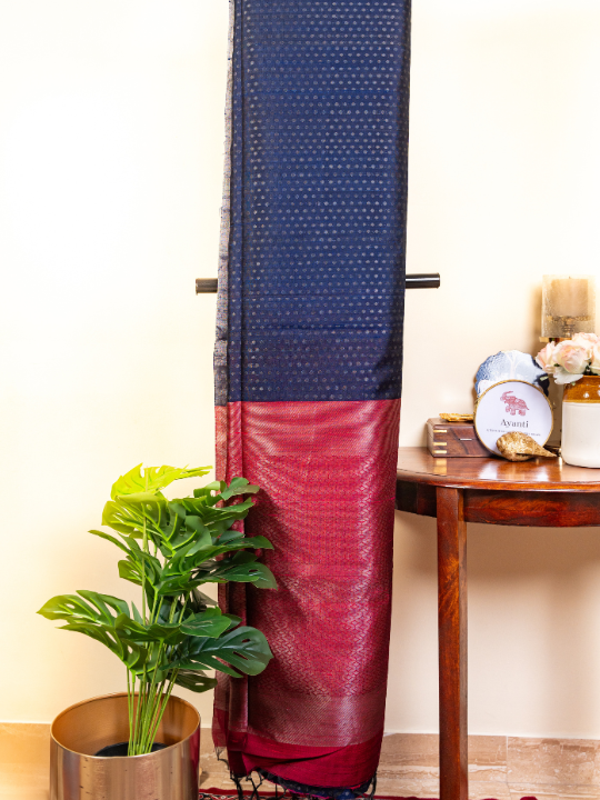 Navy and Magenta Handloom Pure Raw Silk Saree