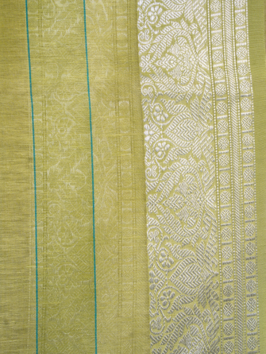 Pistachio Green Cotton Linen Hand Woven Banarasi Saree