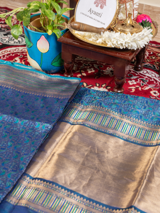 Royal Blue Handwoven Double Katan Chauvari Jamewar