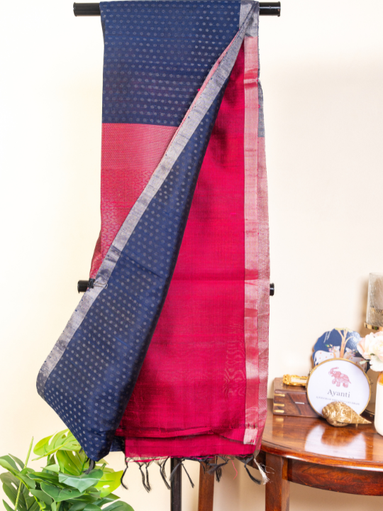 Navy and Magenta Handloom Pure Raw Silk Saree