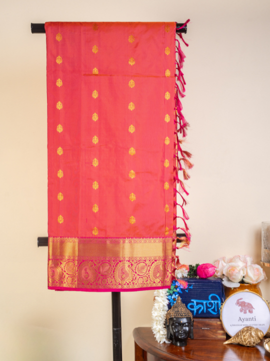 Dual-Tone Pink and Orange Handwoven Pure Katan Silk Benarasi