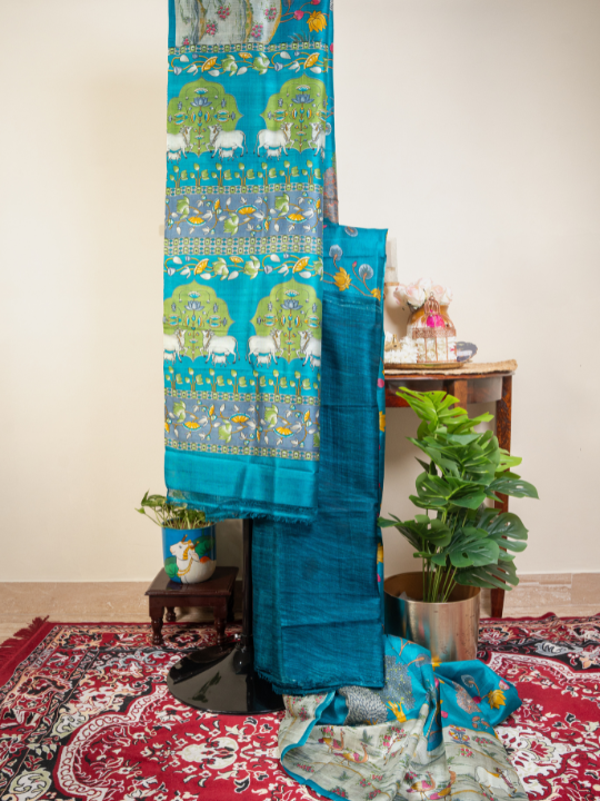 Teal Blue Pure Silk Saree