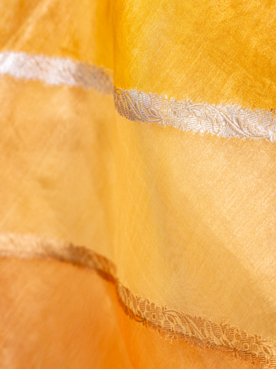 Antique Gold and Amber Tones Handcrafted Pure Silk Tissue Rangkaat Saree