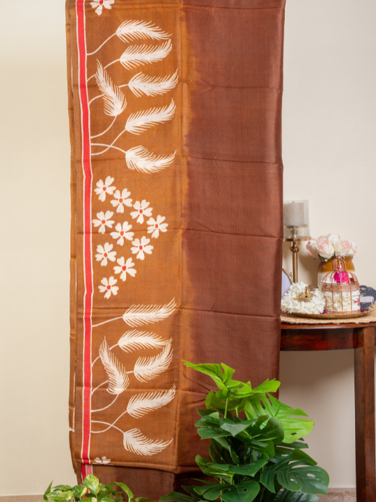 Earthy Brown Pure Silk Batik Saree
