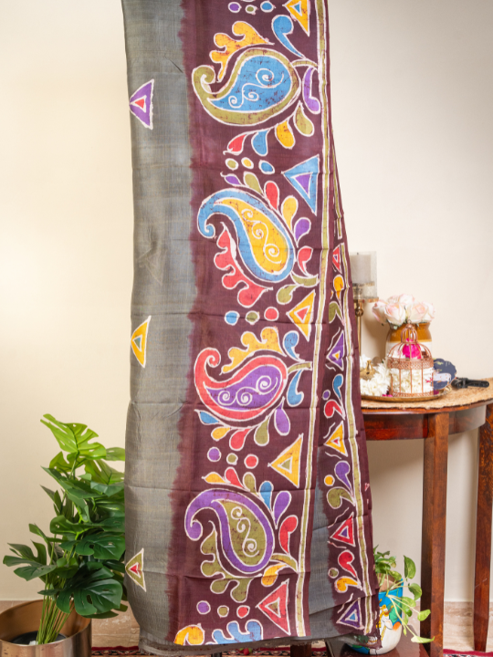 Charcoal Grey Pure Silk Batik Saree