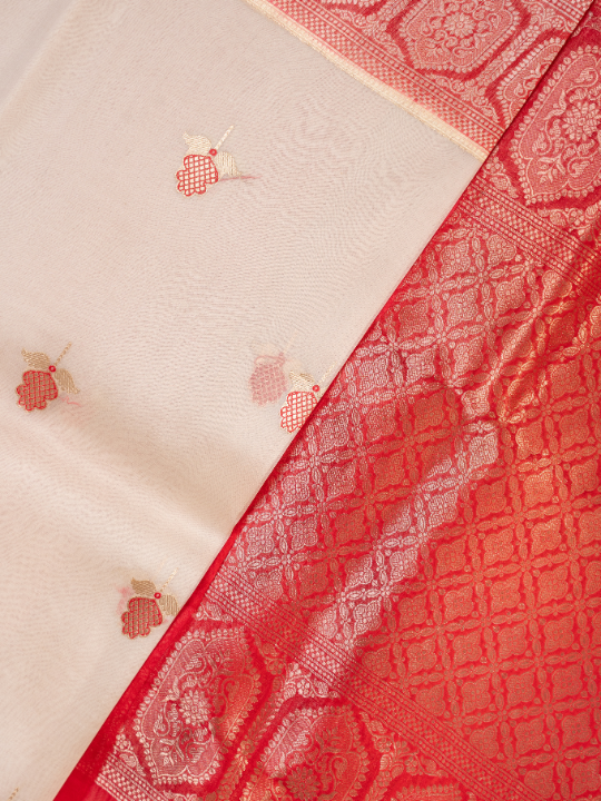 White and Red Shakti Pure Silk Organza Saree