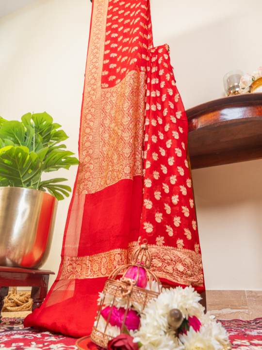 Red Handwoven Pure Silk Khaddi Georgette Saree
